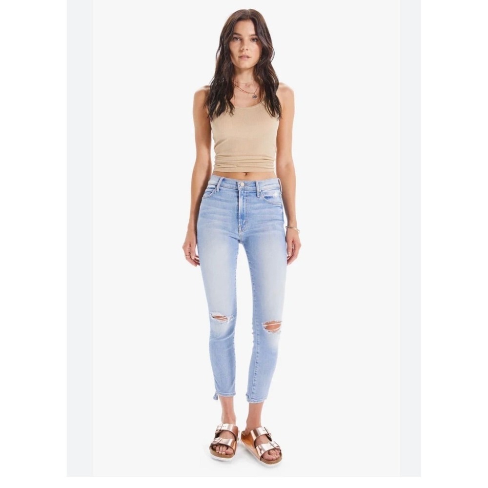 MOTHER The Stunner Step Fray Jeans 27 Light Wash Distressed Ankle Skinny